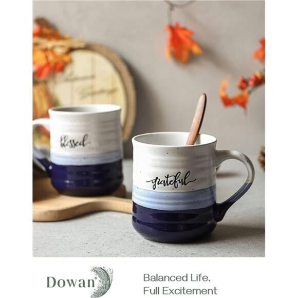 DOWAN 20 oz Coffee Mugs, Large Mugs with Word Blessed Grateful, Porcelain - Picture 2 of 7